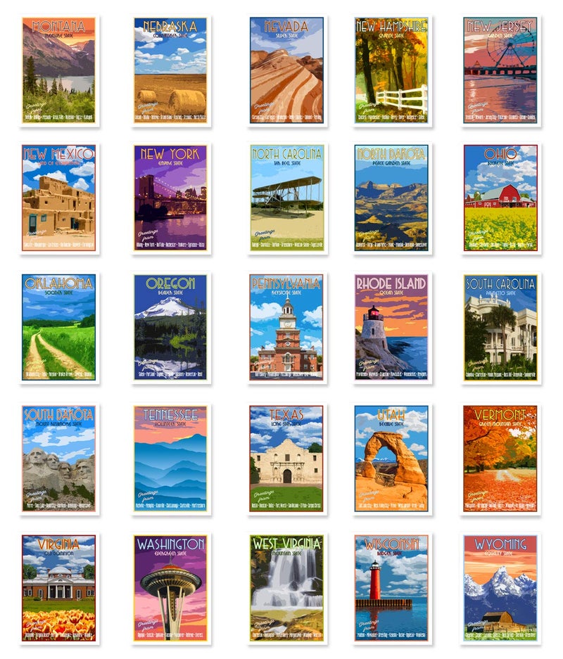 Postcard Fair ملصقات السفر لولايات الولايات المتحدة مجموعة من 50 بطاقة بريدية. مجموعة متنوعة من بطاقات البريد بأسلوب قديم للولايات المتحدة. مصنوعة في الولايات المتحدة. - Image 2